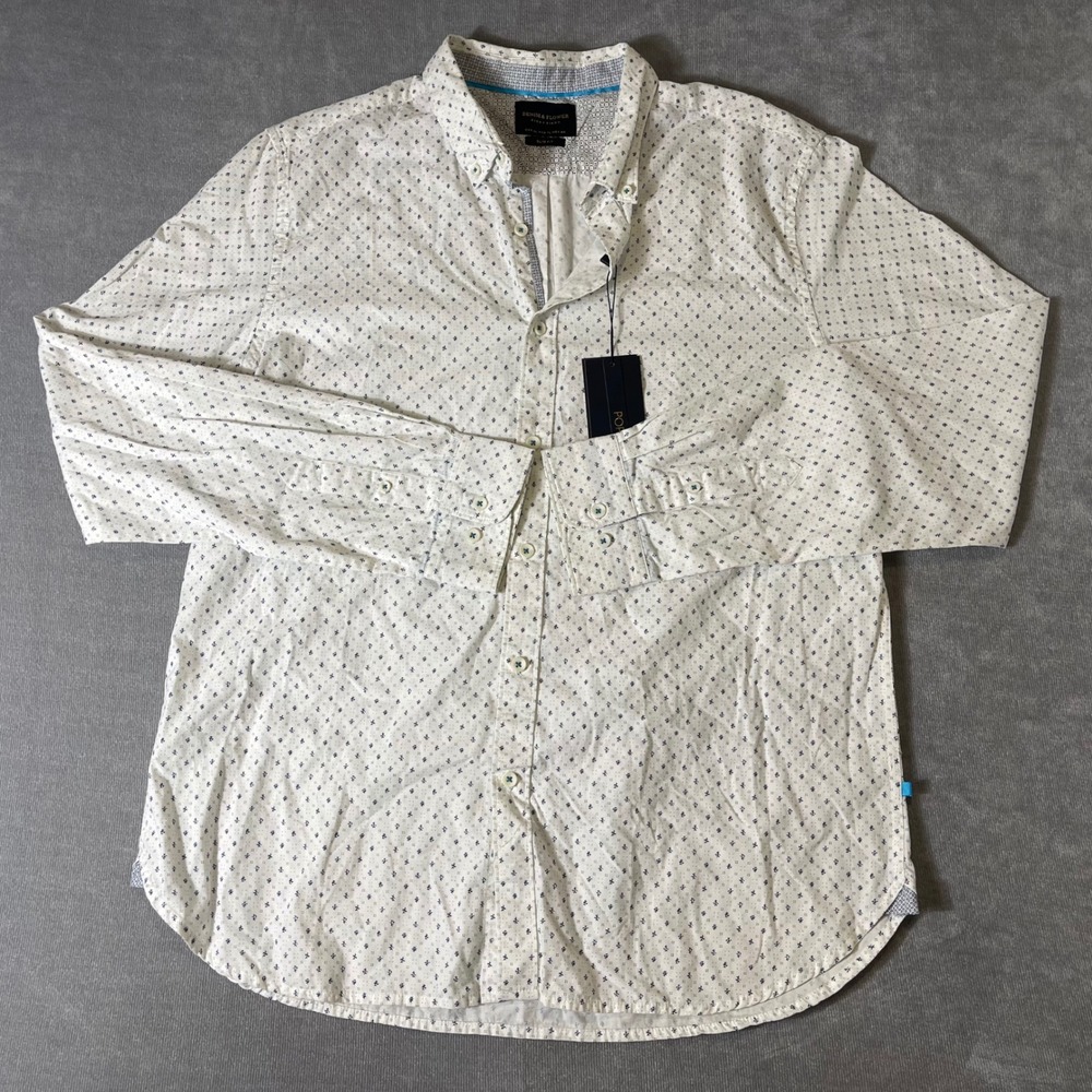 Denim & Flower Ricky Singh Mens XL Slim Fit White Blue Micro Print Poplin Shirt